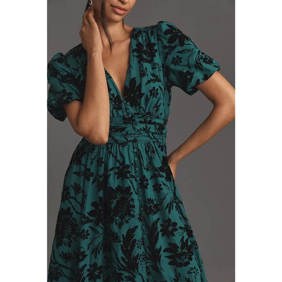 NWT Anthropologie The Katerina Button-Front Dress $198 XXS 00 Dark Green Floral - Picture 3 of 7